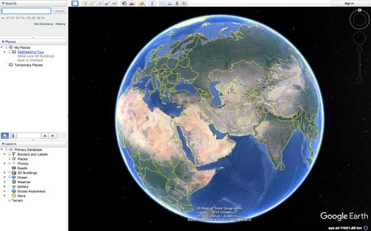 نمایی از صفحه آغازین برنامه گوگل ارث (Google Earth)