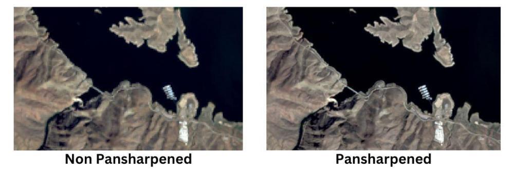 تفاوت تصویر ماهواره ای اولیه با نسخه پن شارپن شده آن
